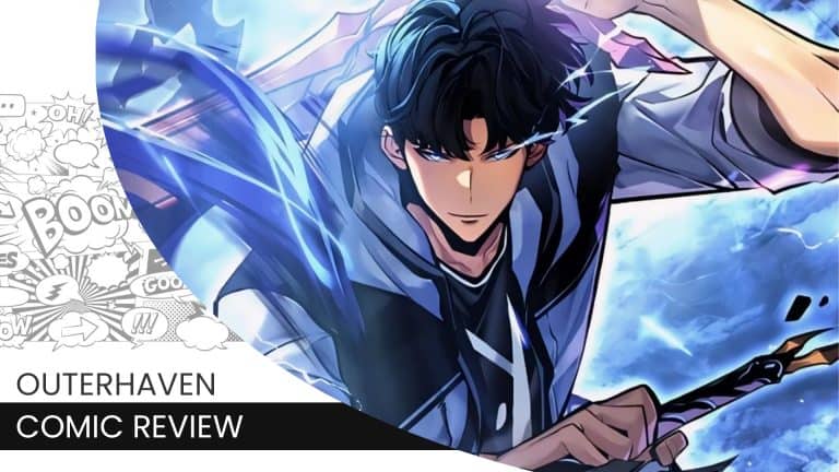 solo leveling ragnarok | The Outerhaven Dynamic anime-style hero in a blue jacket lunges forward; left side shows a comic-pattern, with the 'OUTERHAVEN COMIC REVIEW' text at the bottom.