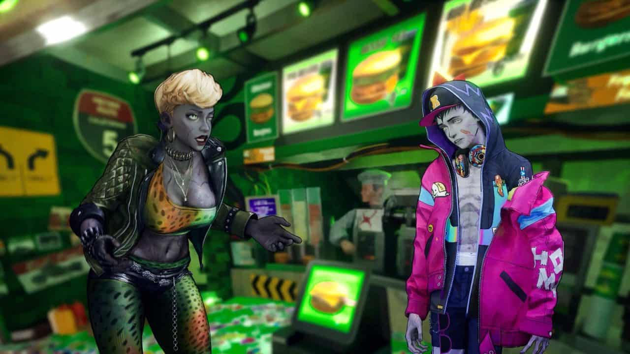 stupid-never-dies1 Two stylized characters face off in a neon-green indoor setting, one gray-skinned with a punk leopard outfit gestures angrily toward the other in a bright pink jacket and hoodie.