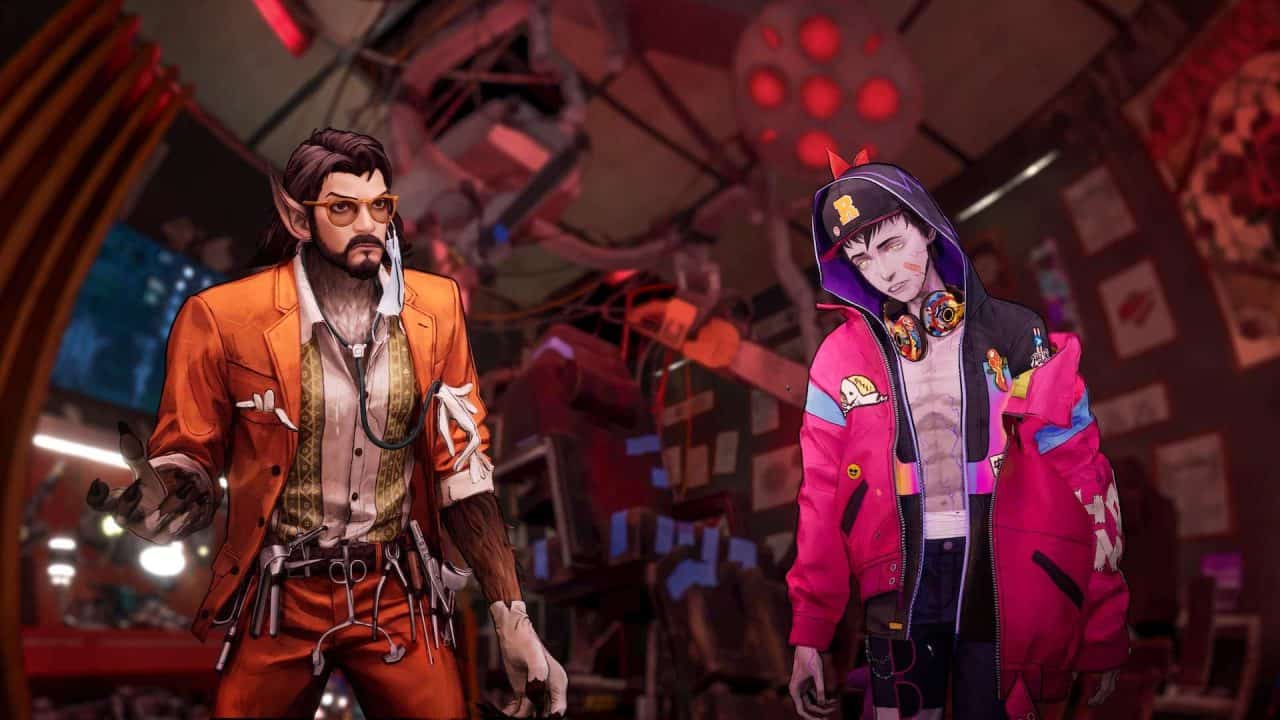 stupid-never-dies2 Two cyberpunk characters stand in a neon-lit workshop; left: man in an orange suit with tools, right: person in a pink jacket with headphones and a hood.