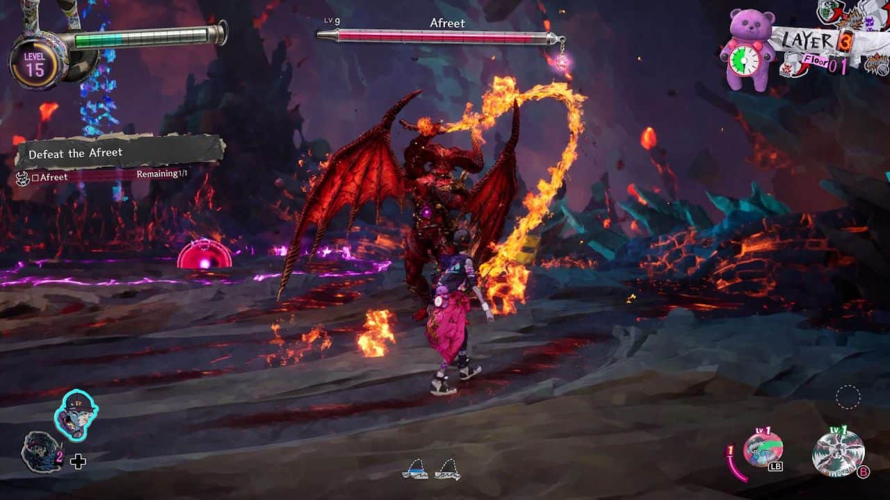 stupid-never-dies3 Pink-clad player fights a red winged demon in a lava-filled arena; health bar at top reads Afreet.