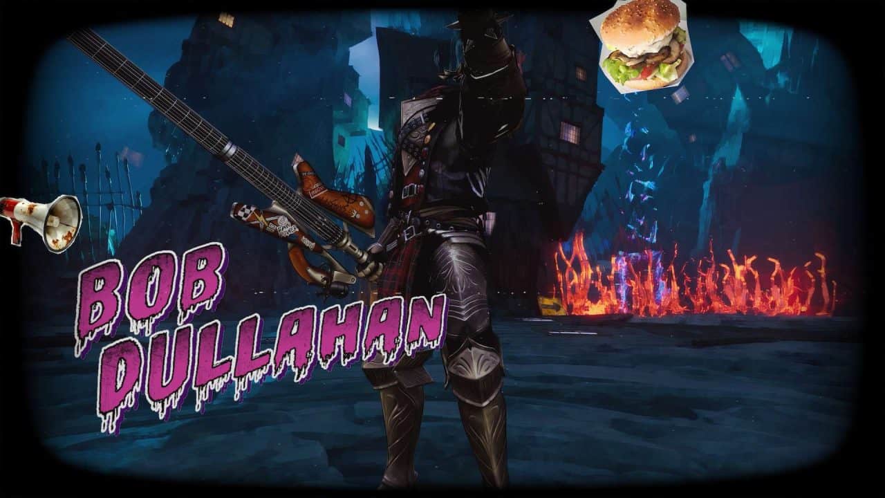 stupid-never-dies4 Armored guitarist leaping on a fiery, neon stage with pink comic‑style text; a hamburger floats in the top-right.