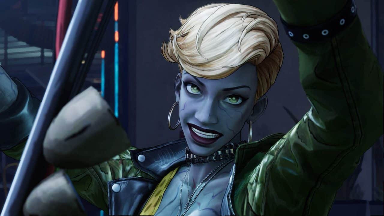 stupid-never-dies5 Blue-skinned woman with short blonde hair grins confidently, wearing a green jacket and hoop earrings in a dynamic action pose holding a blade.