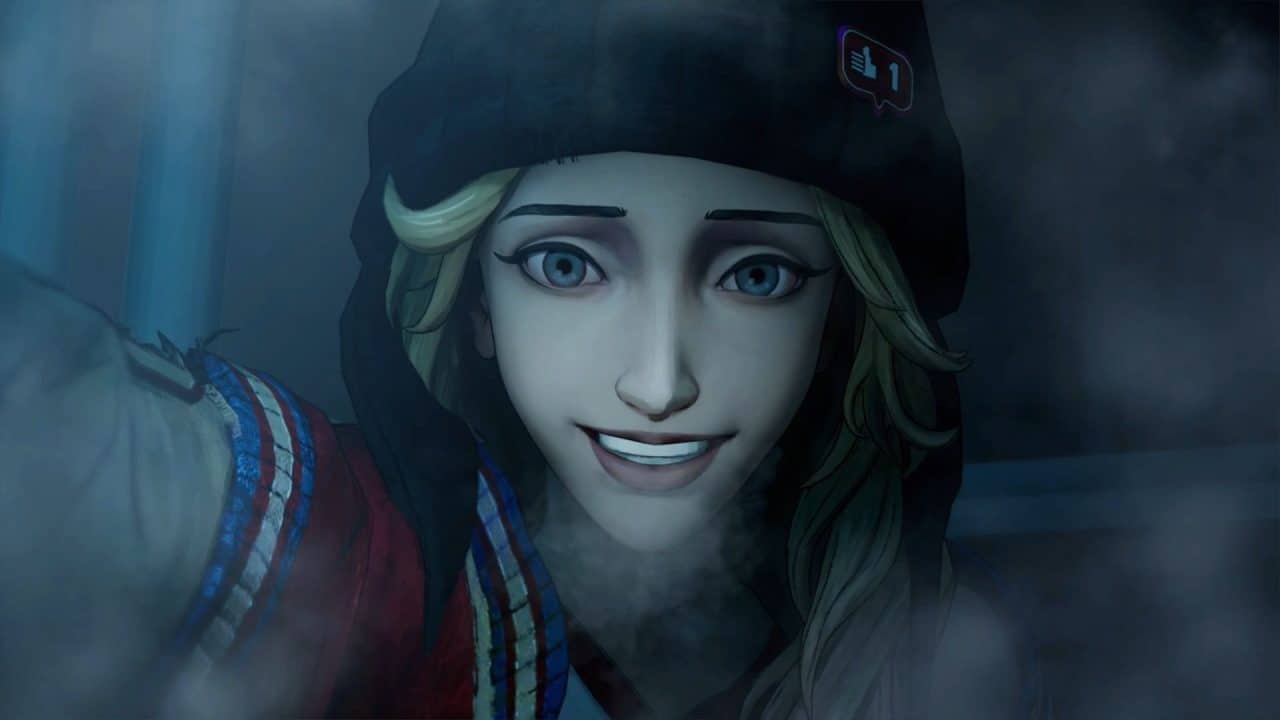 stupid-never-dies6 Close-up of a smiling cartoon woman in a dark hood, taking a selfie through smoky blue fog.