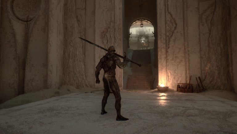 tarforge | The Outerhaven Armored warrior with a long sword stands in a dim icy chamber, facing an arched doorway where a glowing, spiked relic/ throne sits beyond.
