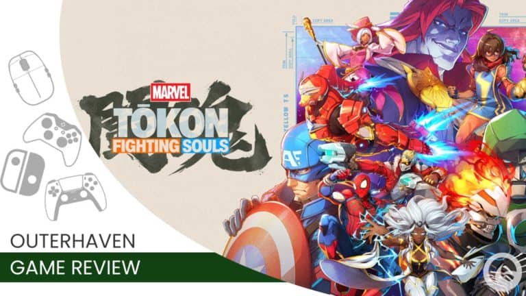 tokon-review | The Outerhaven Banner with Marvel TOKON FIGHTING SOULS logo on beige background and vibrant action-art characters on the right; likely a game cover/banner image.