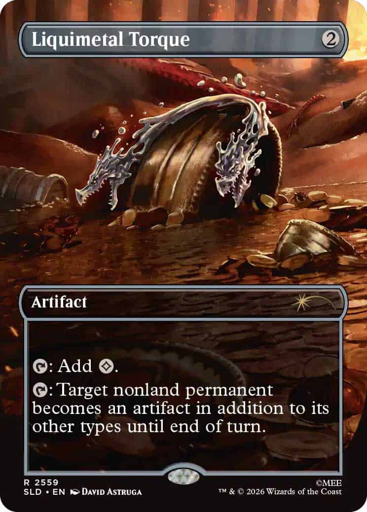 Liquimetal Torque, a Magic: The Gathering artifact card with a molten landscape artwork; shows two tap abilities: add colorless mana, and turn a nonland permanent into an artifact until end of turn.