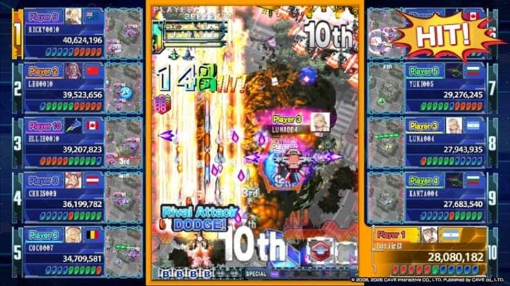 DoDonPachi Resurrection Reignite | The Outerhaven Intense arcade vertical shooter screen with bright laser fire, explosions, and a prominent '10th' rank indicator in the center.