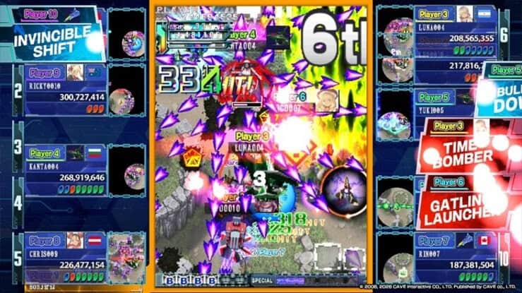 DoDonPachi Resurrection Reignite | The Outerhaven Chaotic arcade shooter screenshot with vivid explosions and numerous power-up labels; side panels show player rankings and scores, central chaotic combat with bullets and enemies.