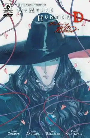 vampire-hunter-d-fortress-of-blood-cover-a-andrade | The Outerhaven Cover art for Vampire Hunter D: Fate of Blood, featuring a pale, hooded figure with a wide-brimmed hat and long dark hair, set in a blue-toned illustration with pink ribbons and petals surrounding the figure.