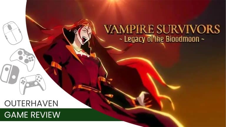 vampire survivors lotbm | The Outerhaven Header banner for OuterHaven game review: Vampire Survivors promotional art with a fiery red background and a threatening vampire figure, and the title 'Legacy of the Bloodmoon'