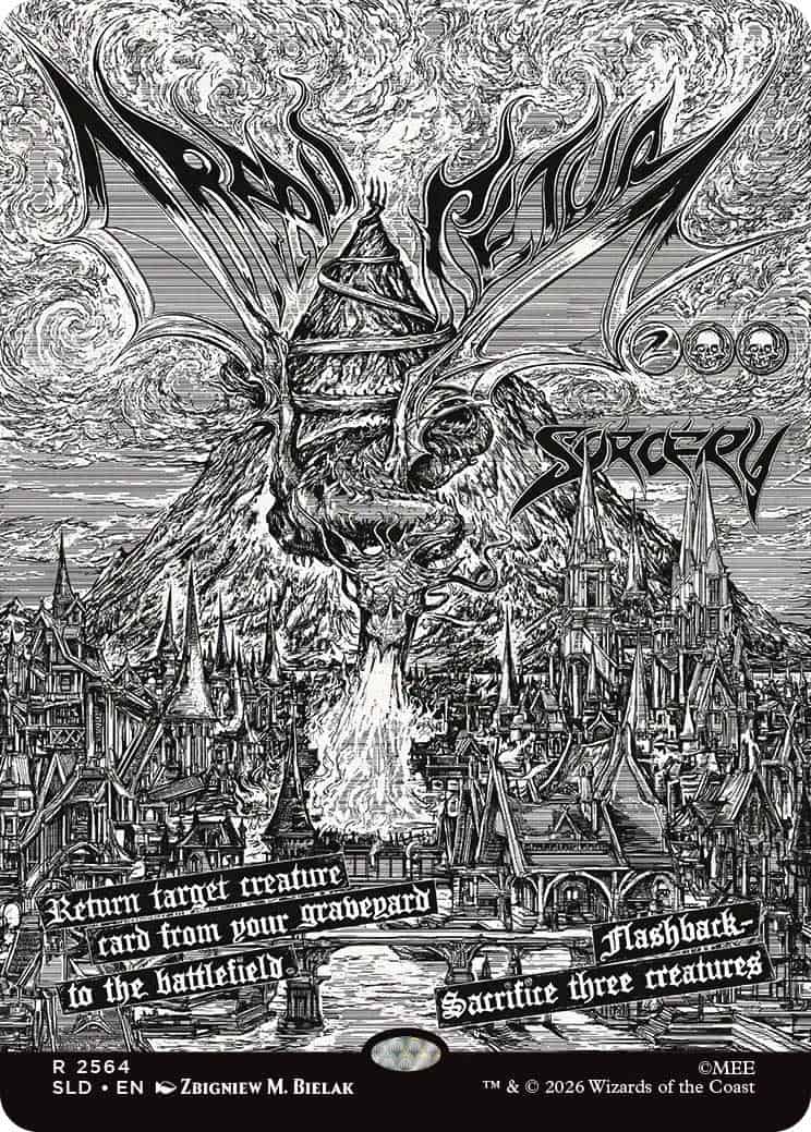 Black-and-white fantasy card art showing a dragon-like eruption above a gothic city; text reads 'Return target creature card from your graveyard to the battlefield' and 'Sacrifice three creatures'.