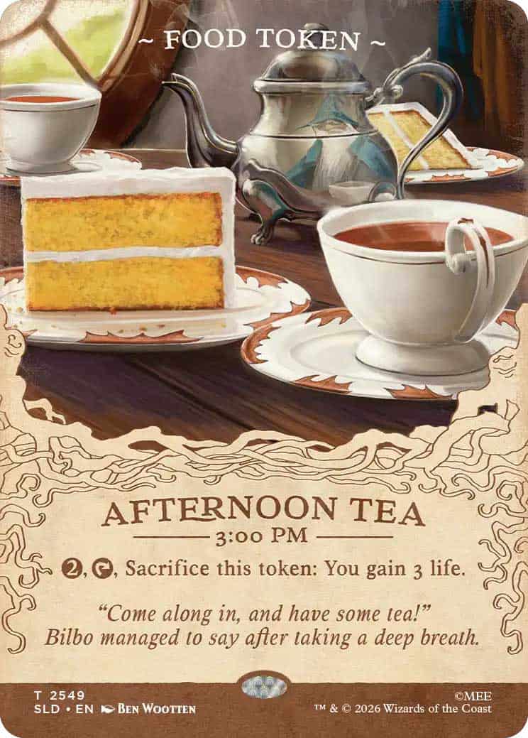 wn6d8pVmmy | The Outerhaven Game card titled 'Afternoon Tea' with cake slices, teacups, and a teapot; shows instruction to sacrifice token to gain 3 life, plus flavor text.
