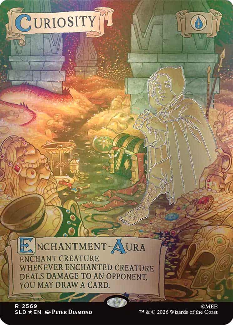 yG2Gqh6nCh | The Outerhaven Magic: The Gathering enchantment card 'Curiosity' showing a hooded figure among treasure; aura grants card-draw when enchanted creature deals damage to an opponent.
