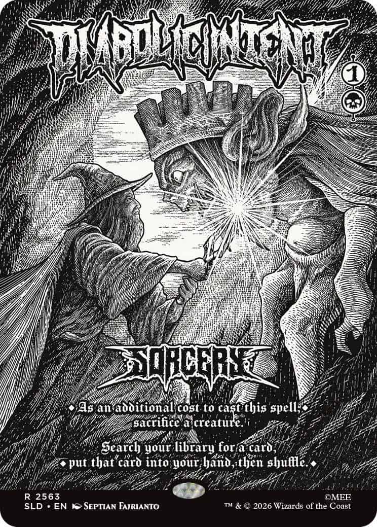 yvoylibm9F | The Outerhaven Black-and-white fantasy card art showing a robed wizard reaching toward a crowned, horned creature as a burst of light or energy connects them; title and game text visible on the card.