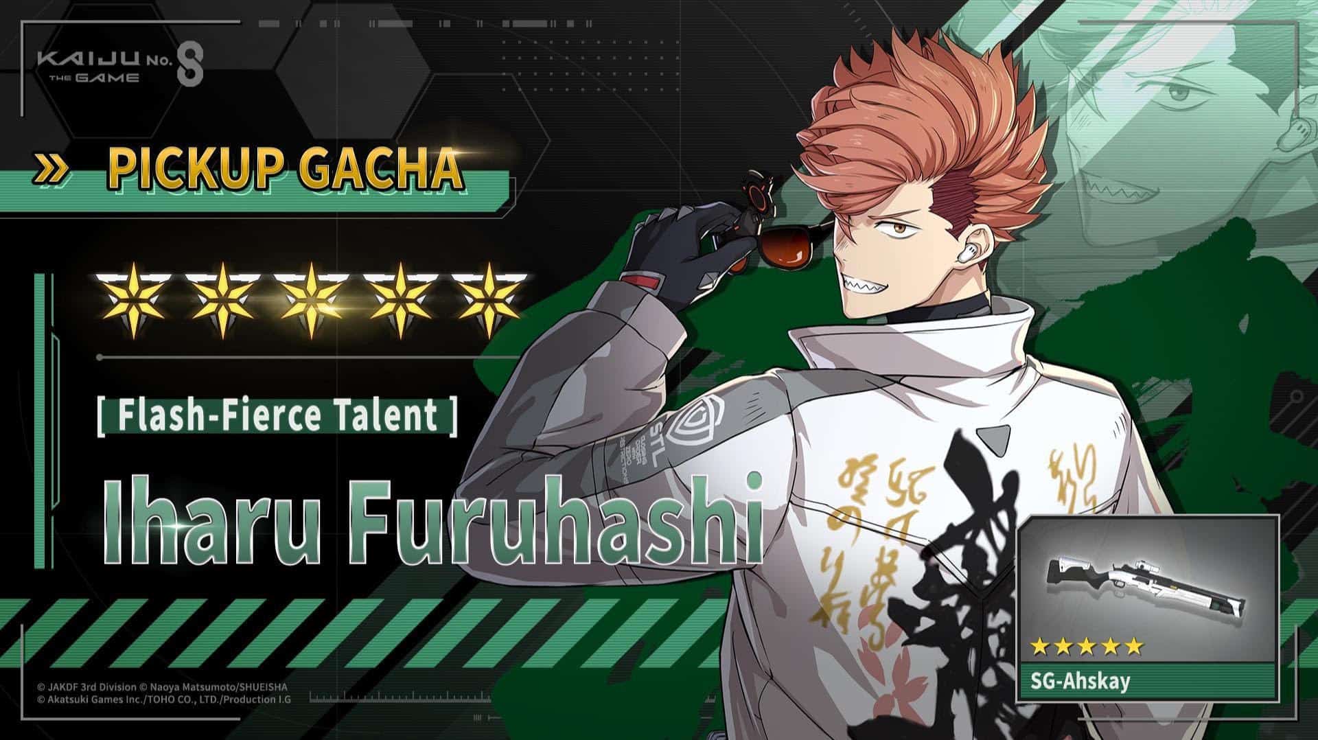 Kaiju No 8 | The Outerhaven Anime-style game banner showing a red-haired character with sunglasses, teal text 'Pickup Gacha', and 'Iharu Furuhashi' with five gold stars and a card labeled SG-Ahskay
