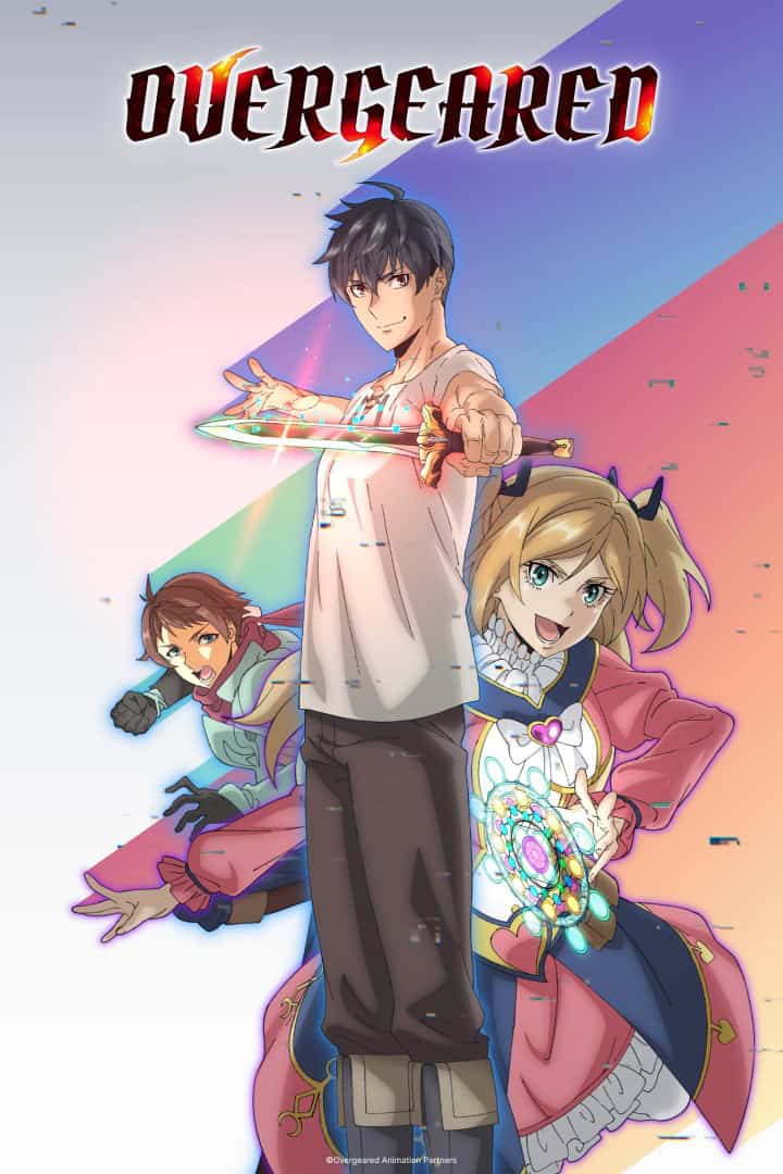 Overgeared | The Outerhaven Main character in the center points a glowing sword toward the viewer, flanked by two friends, with a rainbow gradient background and the title OVERGEARED above.