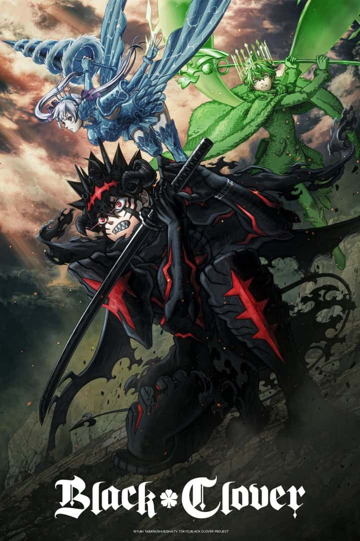 Black Clover | The Outerhaven Dynamic Black Clover poster: three armored fighters leap forward with weapons, fronted by a black-clad swordsman; blue-winged ally behind, and a green-clad fighter in the rear; logo at bottom.