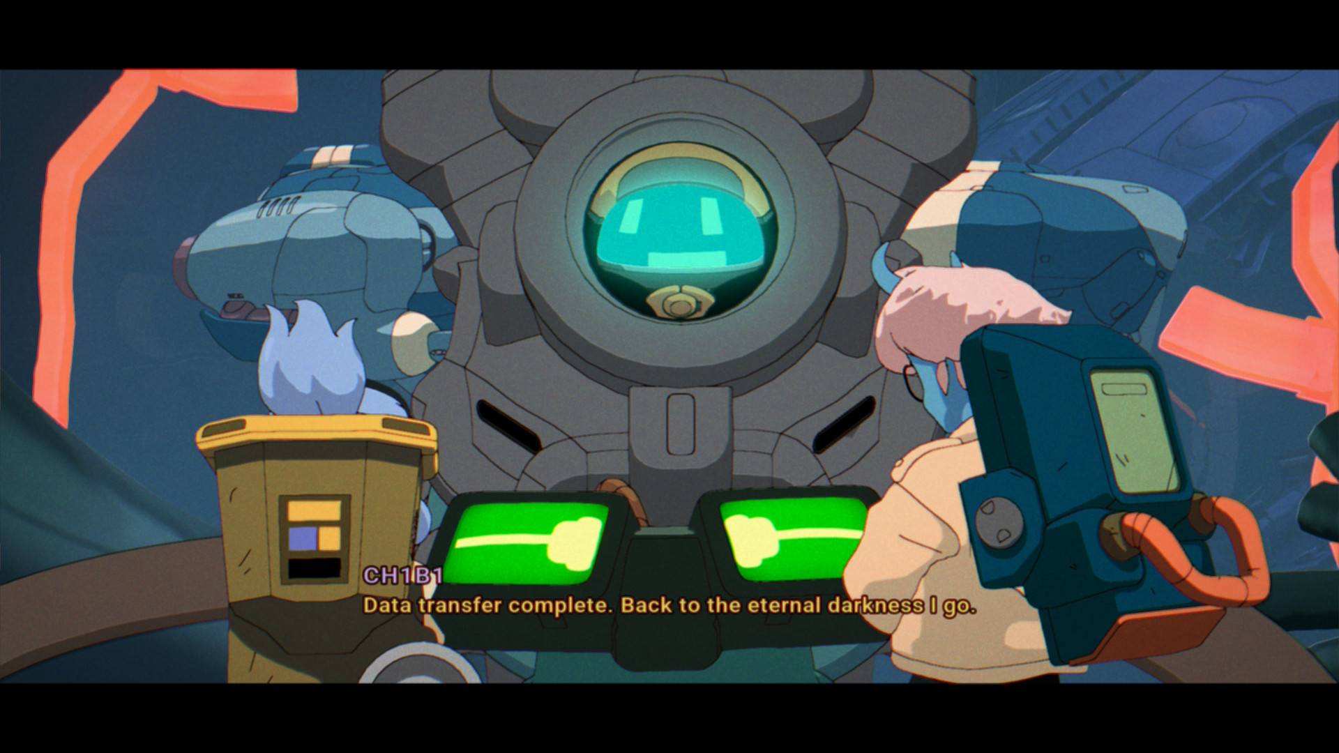 dialogue orbitals | The Outerhaven Omura and Maki talking to a robot computer in Orbitals