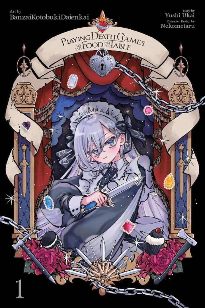 910YYt1v20L_SL1500_ | The Outerhaven Manga-style cover featuring a silver-haired girl in a frilly dress, holding a knife, surrounded by swords, chains, gems, and red roses against a black background