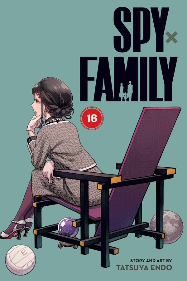 Manga cover for Spy x Family 16, showing a stylish woman seated on a chair with a purple laptop on a teal background and bold title text above.