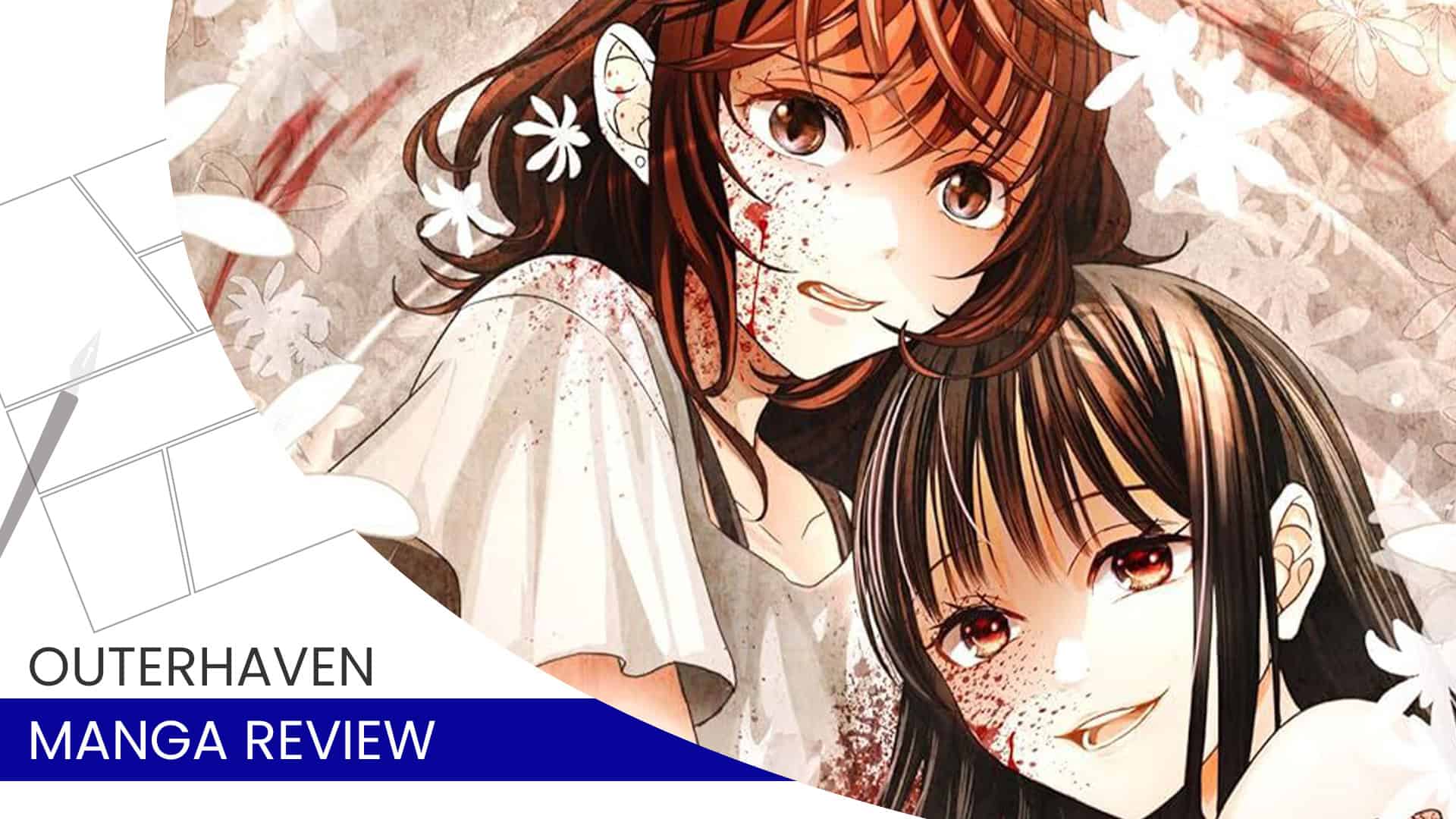 The Demon Consort | The Outerhaven Header image for Outer Haven Manga Review showing two smiling anime girls with blood splatters and floral background.