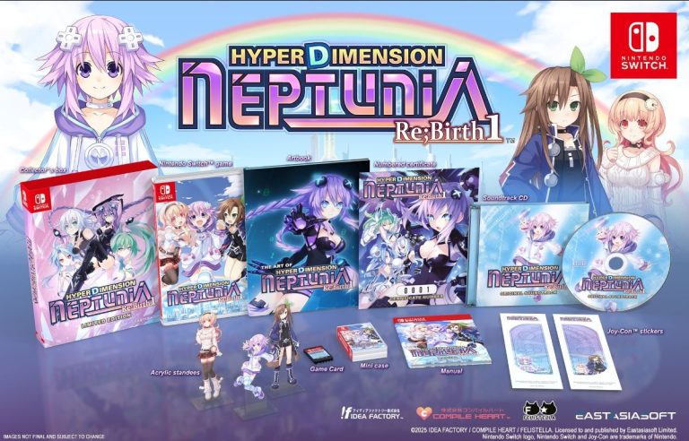 The Limited Edition of Hyperdimension Neptunia Re;Birth on Switch. It includes acrylic standees a collector certificate, the game and a smaller case for the game.