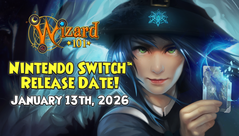 Wizard101 key art for the release on Nintendo Switch. It says release date January 13th, 2026