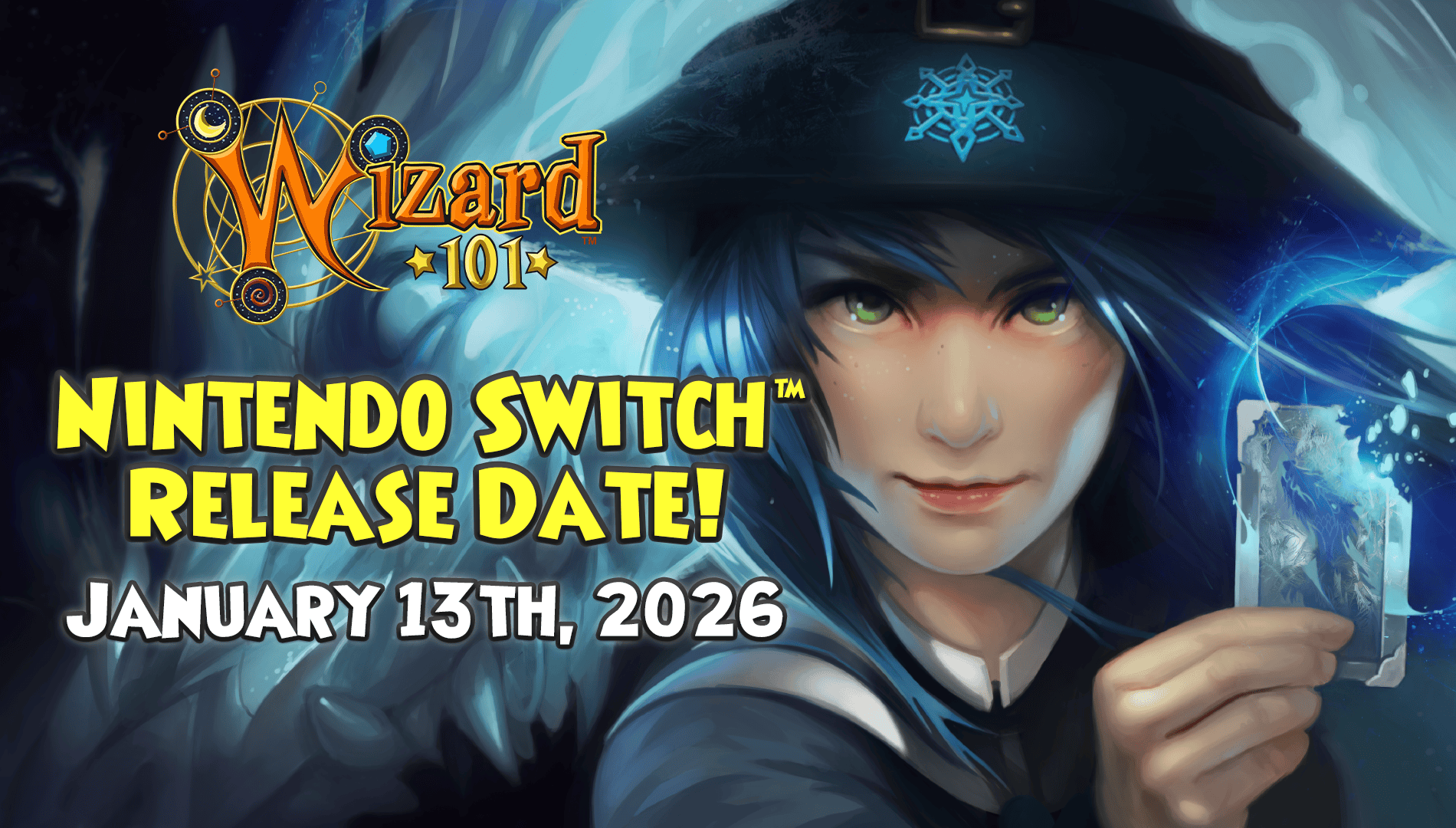 Wizard101 key art for the release on Nintendo Switch. It says release date January 13th, 2026