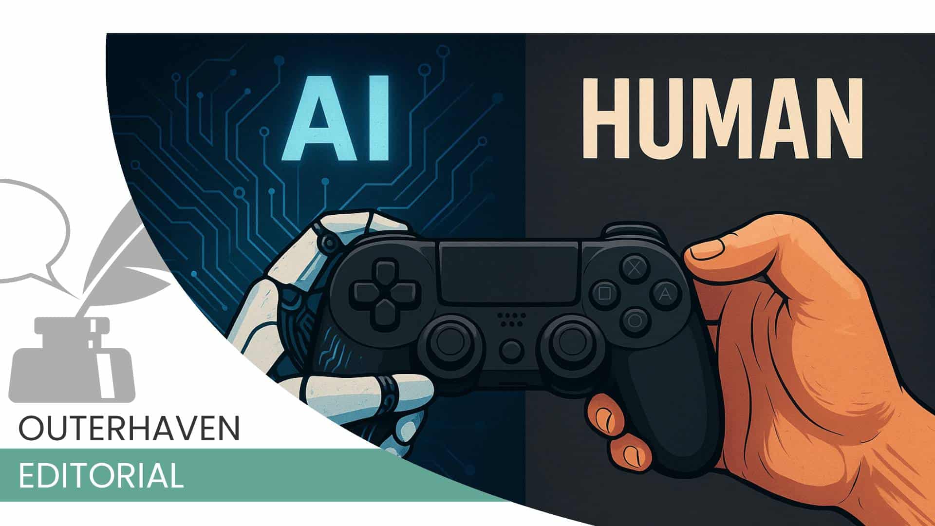 AI Featured Image | The Outerhaven A robotic hand holding the same controller as a human hand