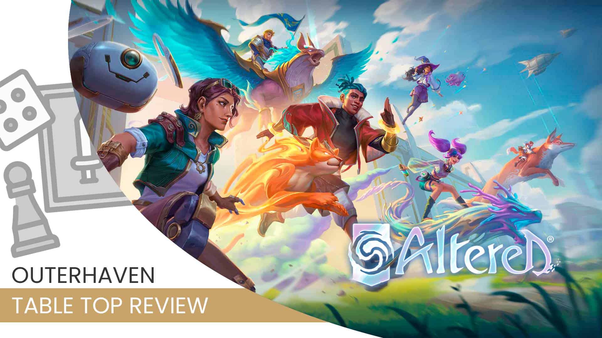 Key art from Altered TCG showing heroes riding colorful creatures in a bright fantasy world