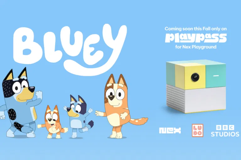 Logo celebrating Bluey coming to the Nex Playground.