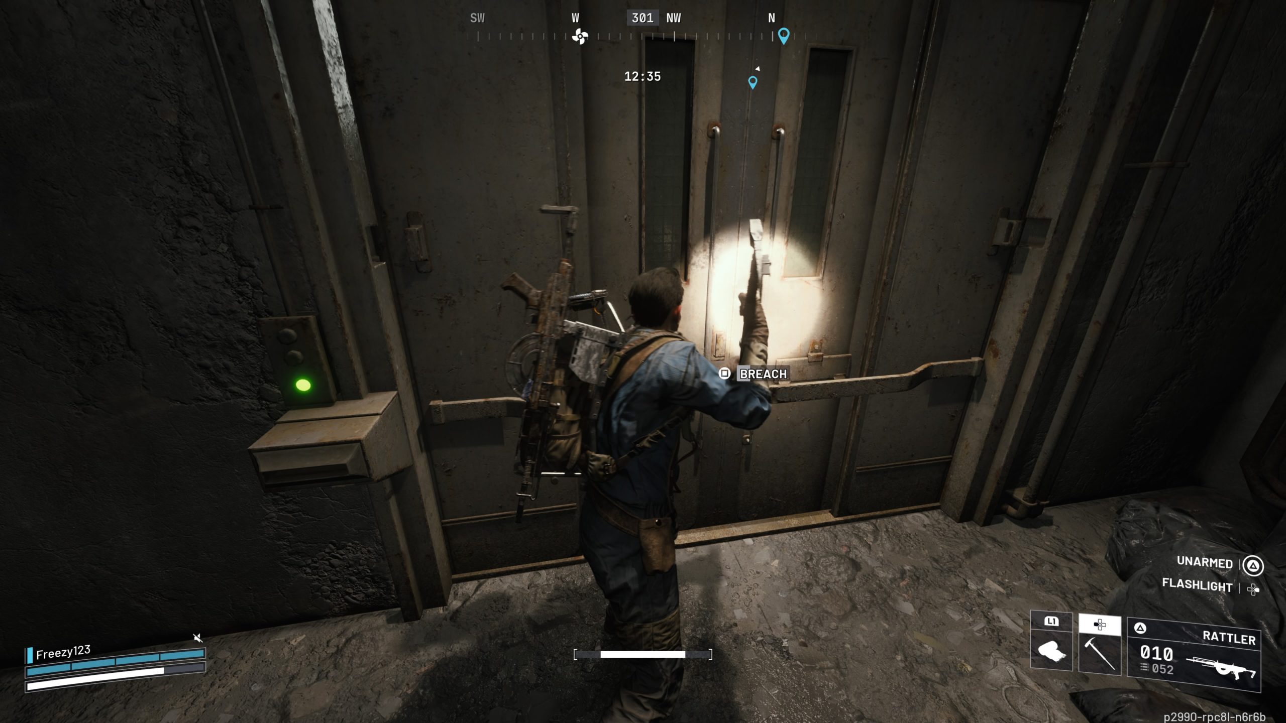 Breach the door to get into the room.