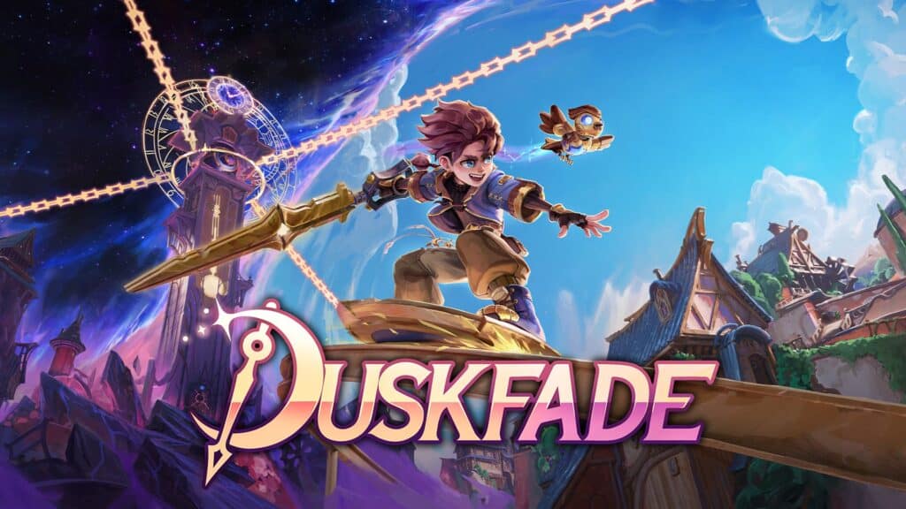 Duskfade-Key-Art-Logo-HD-913b632f093216303826-1024x576 | The Outerhaven Key art of Duskfade. It has Zirian in his blue jacket grinding down a rail.