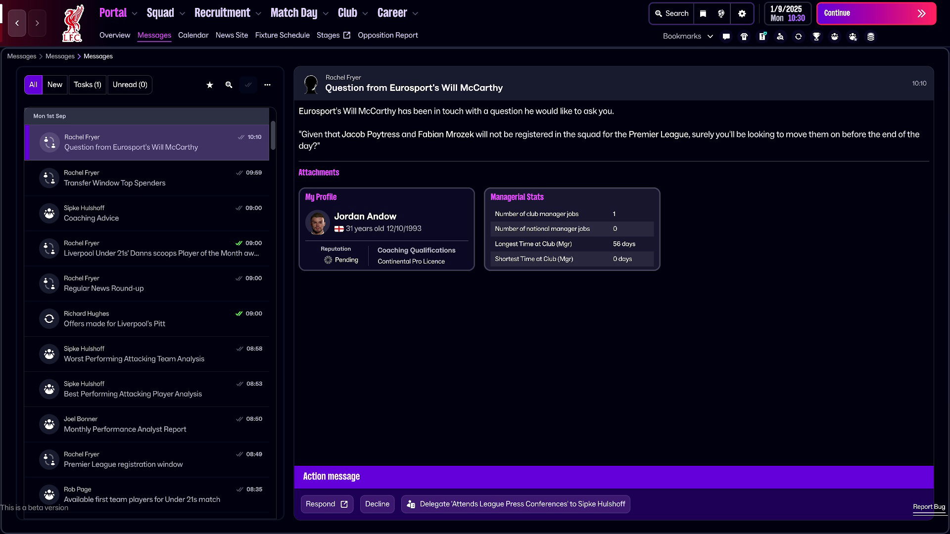Football Manager 26 Portal Messages Screen