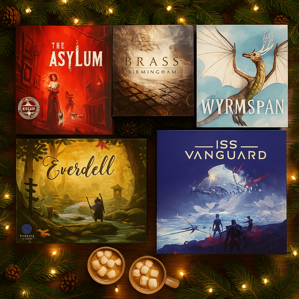 Board games in a holiday themed scene