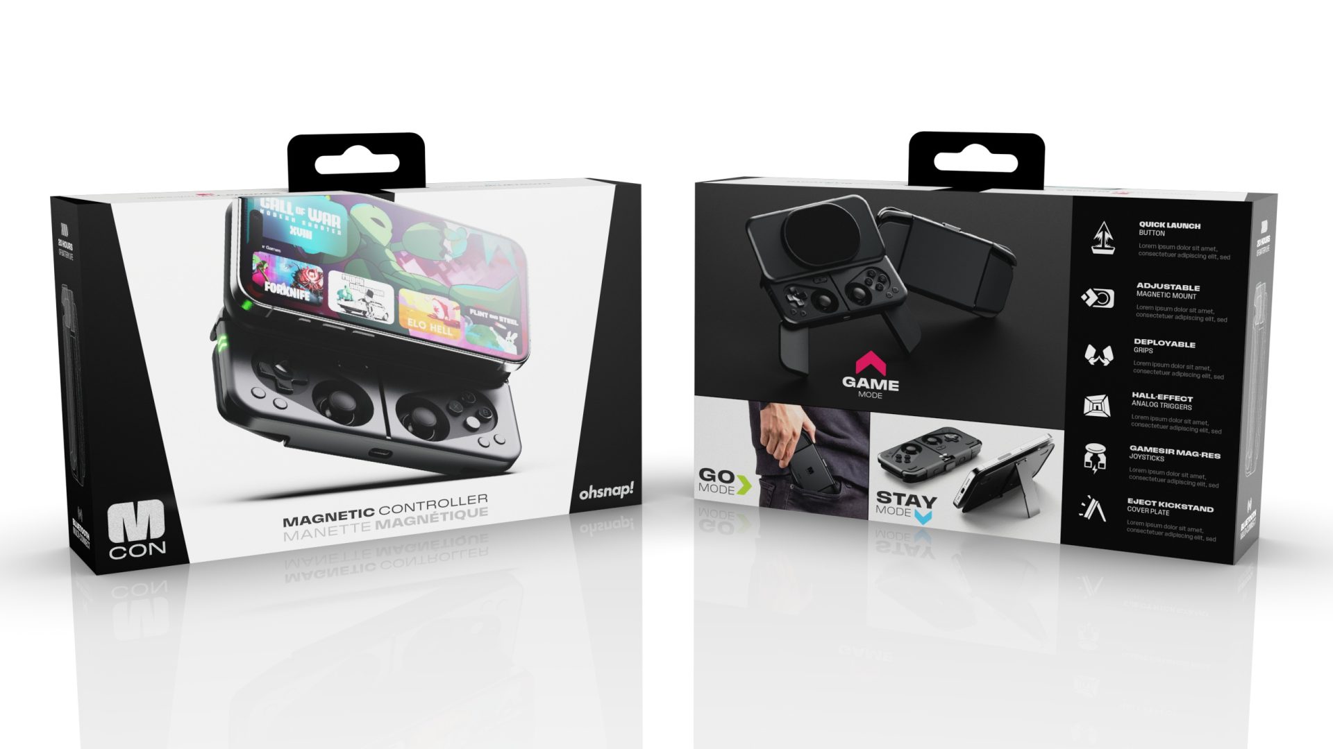 MCON Packaging | The Outerhaven The box from two angles for the ohsnap MCON