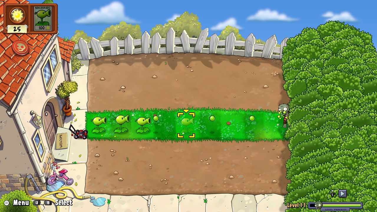 Plants vs. Zombies Replanted Early Day Stage gameplay screenshot showing classic daytime level