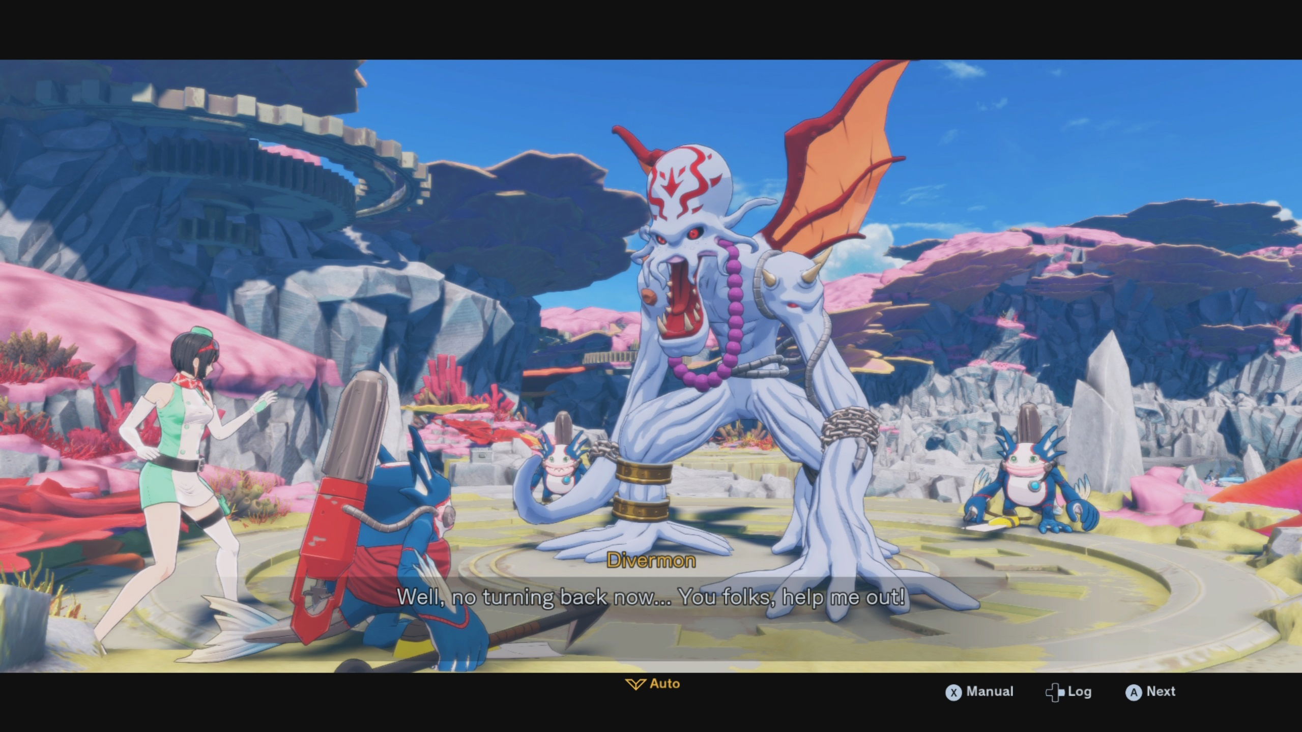 Divermon talking to Dragomon in Digimon Story: Time Stranger
