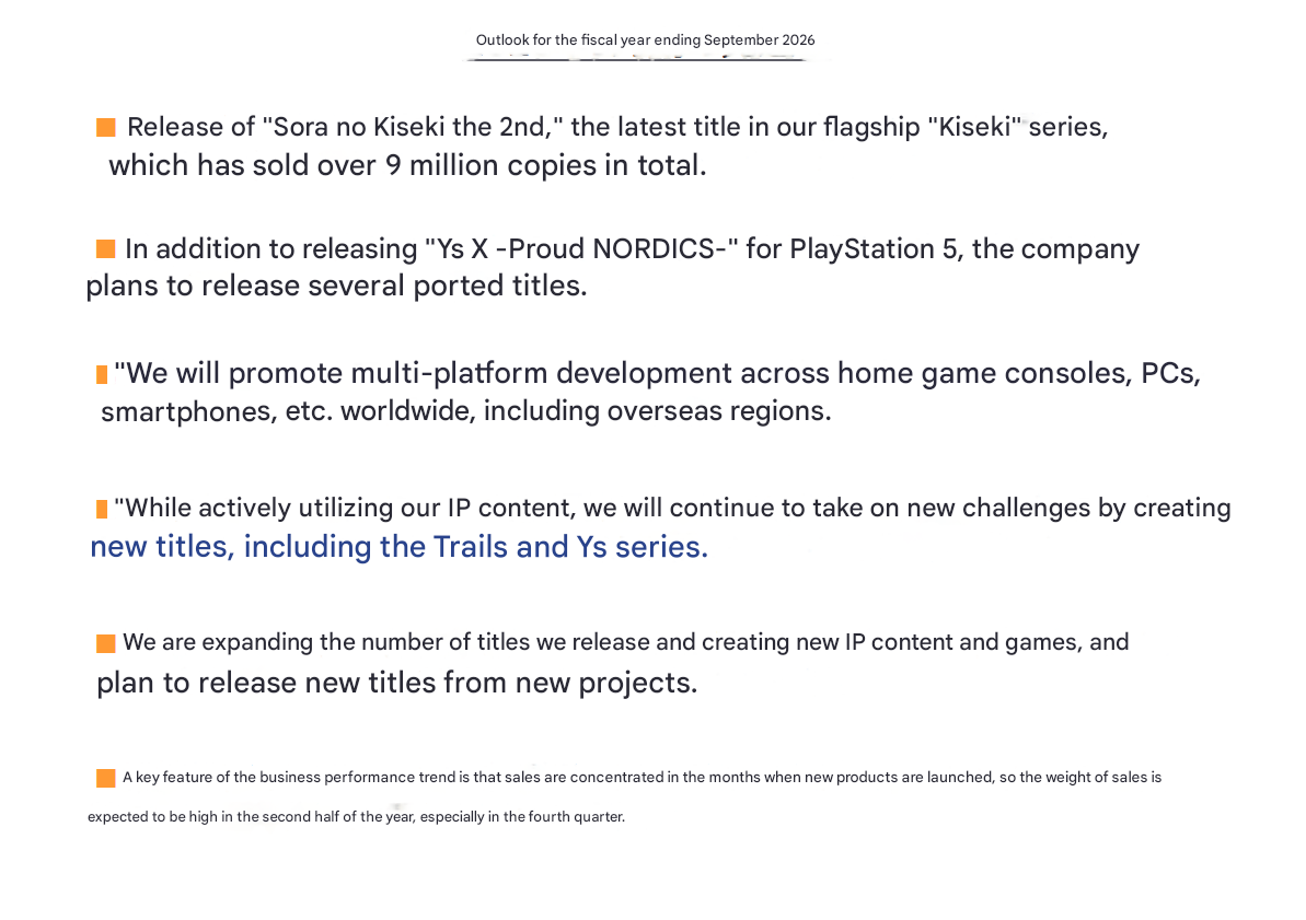 Translated Text from Nihon Falcom Financials