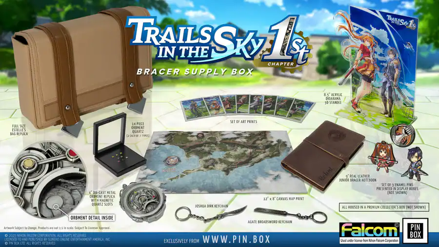 Trails_1st_-_Feature_Image_V8_-_Tinify_jpeg | The Outerhaven Pinbox Bracer Supply box and all its contents with the logo of Trails In the Sky First chapter above