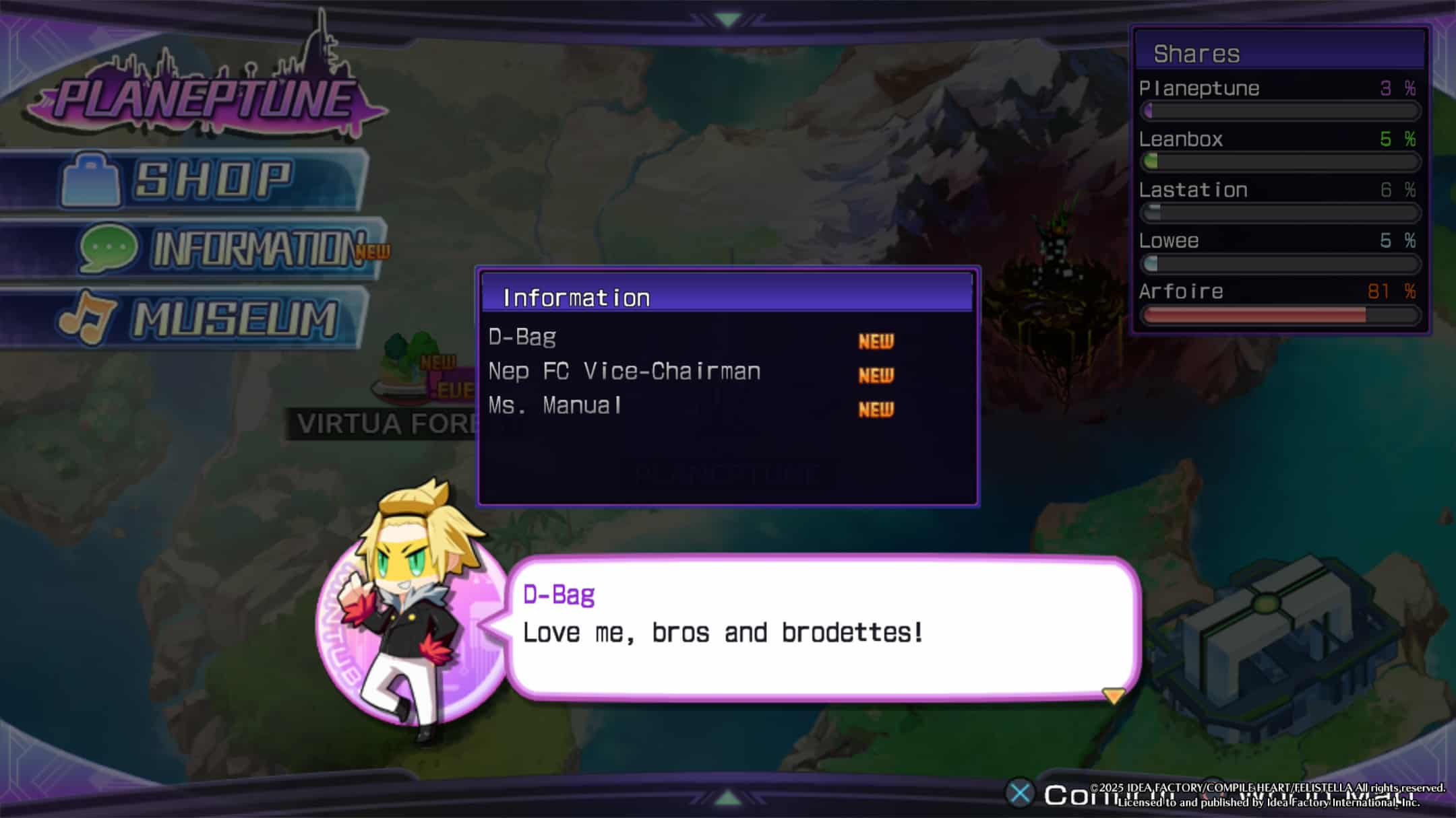 Overworld screenshot talking to D-bag in Hyperdimension Neptunia Re;Birth 2