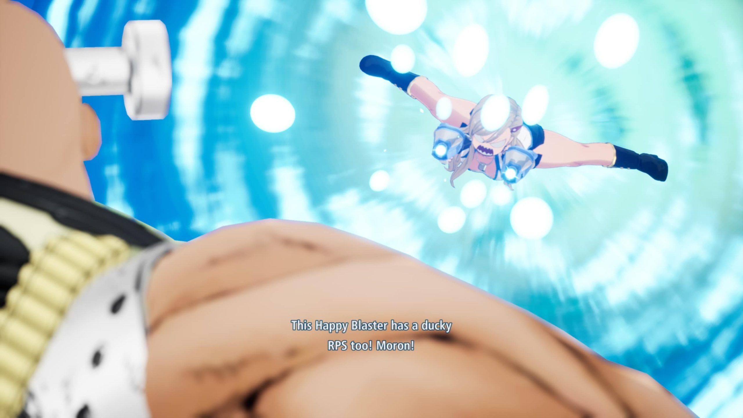 Rebecca shooting at the large man with a Gatling gun in Edens Zero