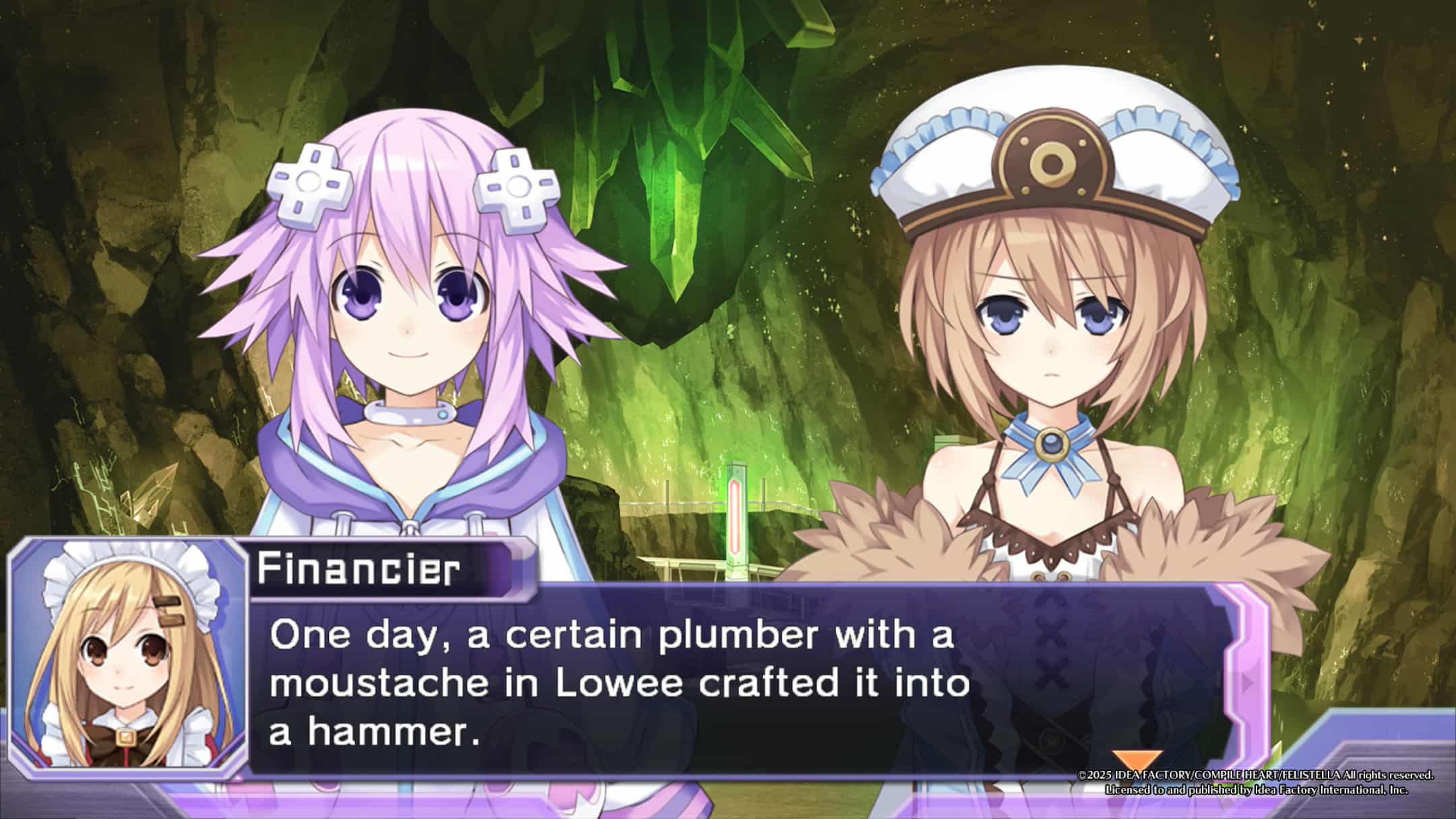 Financier speaking to Blanc and Neptune about a sacred weapon in Hyperdimension Neptunia Re;Birth 1 Plus