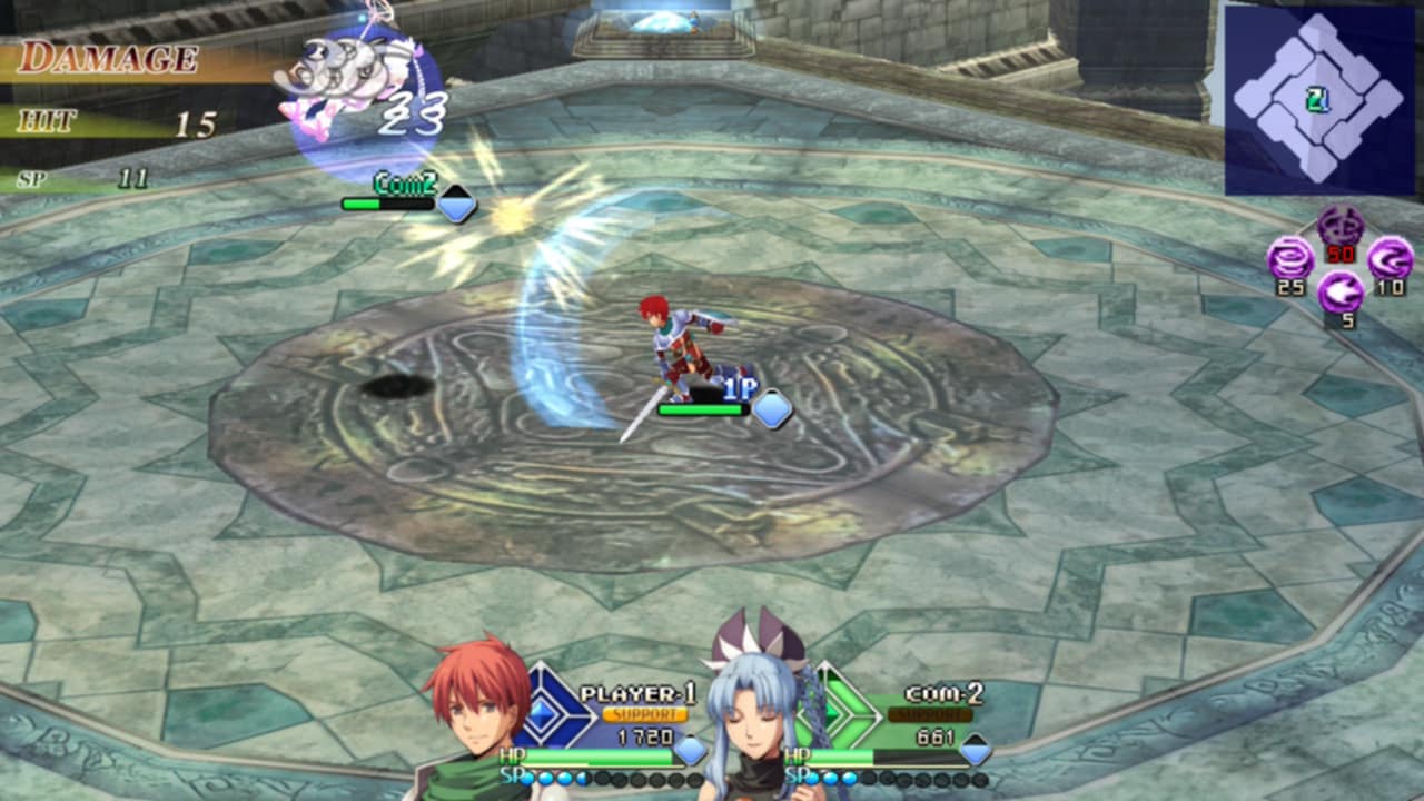 Combat screenshot of Adol fighting Mishera in Ys vs. Trails in the sky: Alternative Saga