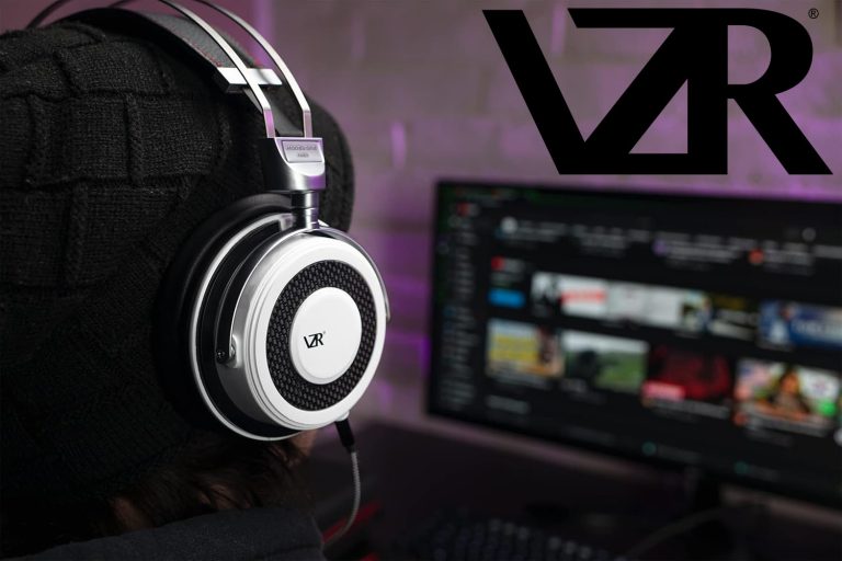 VZR Audio logo over a man with the VZR Model One MKII gaming headset