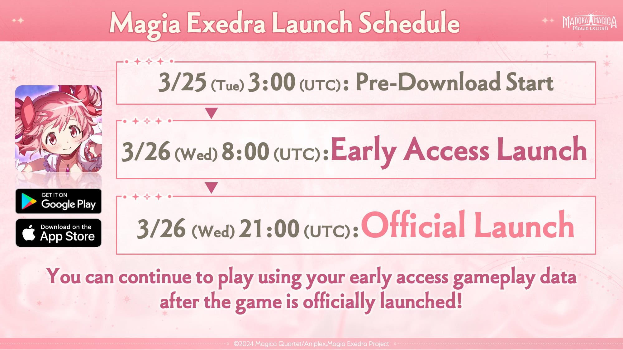 Puella Magi Madoka Magica: Magia Exedra schedule for launch. March 25th, pre downloads start, march 26th is the official launch