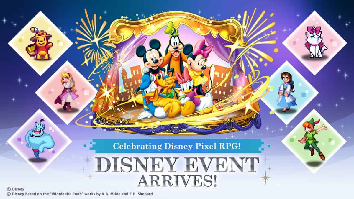 Mickey mouse and the gang with text below them stating "Celebrating Disney Pixel RPG Disney Event Arrives" For Puzzle & Dragons Disney Event