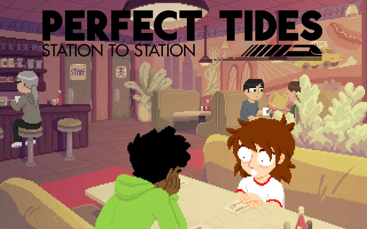 diner-shocked with Logo Perfect Tides | The Outerhaven Perfect Tides: Station to Station logo with main characters in a restaurant