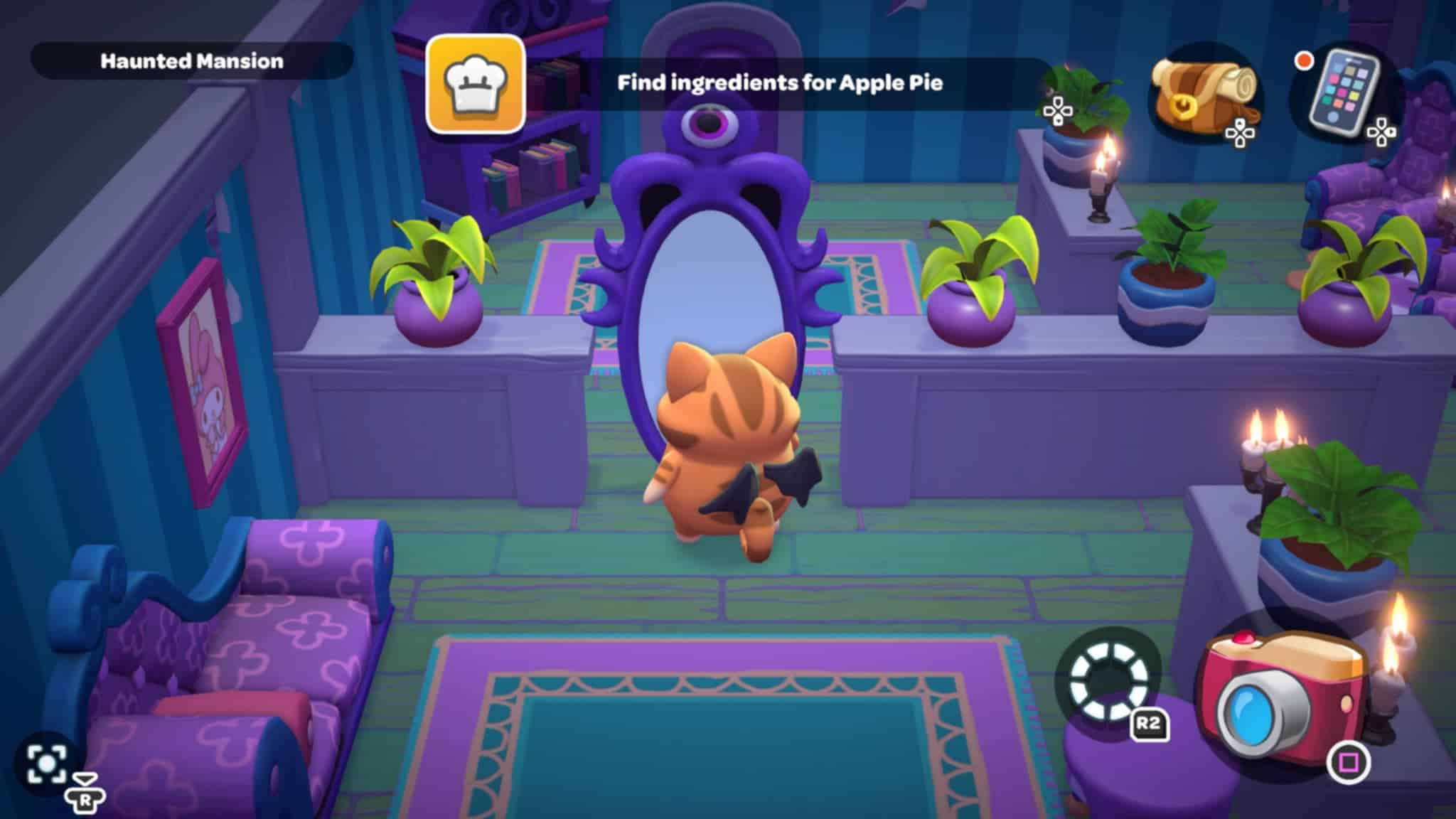 e10bc0b5-399a-4038-be09-f4abf8d55f57 | The Outerhaven Garfield picture in front of the mirror in Hello Kitty Island Adventure