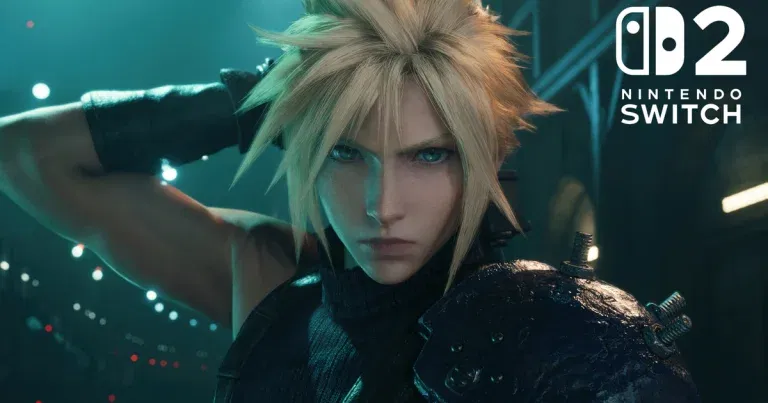 Cloud and his Buster Sword from Final Fantasy VII Remake Intergrade and a Nintendo Switch 2 logo on the right side